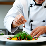 A professional chef, fully clothed in a clean chef's coat, meticulously adding a vibrant garnish to a beautifully plated fusion dish in a well-lit, modern kitchen. The chef's hands are expertly arranging fresh herbs and exotic spices, showcasing a delicate balance between different culinary traditions. The background is softly blurred, highlighting the intricate details of the dish and the chef's focused expression. The scene exudes professionalism and culinary artistry. perfect anatomy, correct proportions, natural pose, well-formed hands, proper finger count, natural body proportions, safe for work, appropriate content, professional dress, high-quality, ultra-realistic photography.