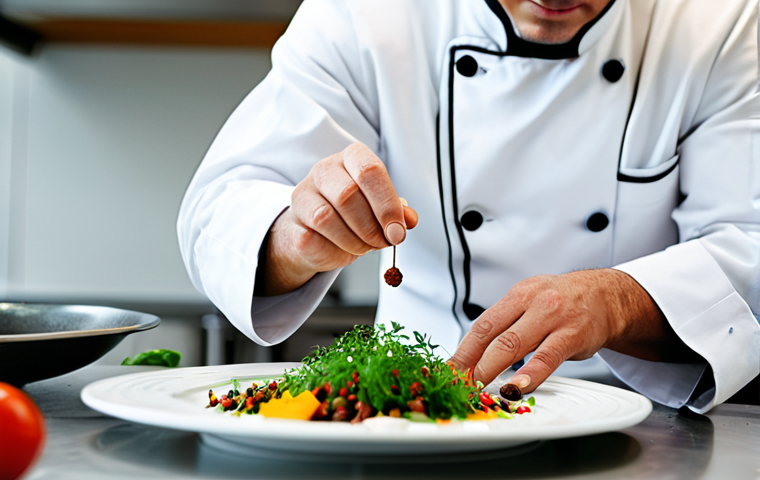 A professional chef, fully clothed in a clean chef's coat, meticulously adding a vibrant garnish to a beautifully plated fusion dish in a well-lit, modern kitchen. The chef's hands are expertly arranging fresh herbs and exotic spices, showcasing a delicate balance between different culinary traditions. The background is softly blurred, highlighting the intricate details of the dish and the chef's focused expression. The scene exudes professionalism and culinary artistry. perfect anatomy, correct proportions, natural pose, well-formed hands, proper finger count, natural body proportions, safe for work, appropriate content, professional dress, high-quality, ultra-realistic photography.