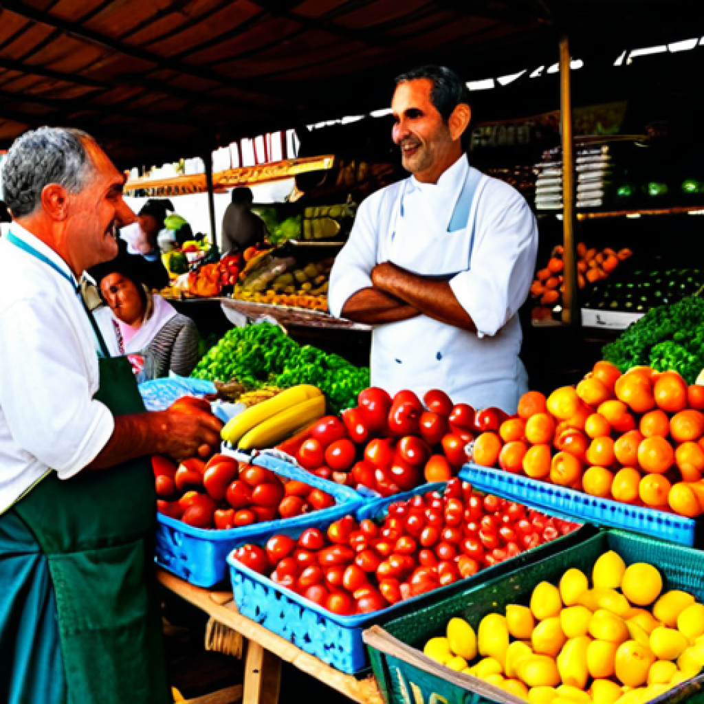 Local Market Scene**
Prompt: A vibrant Portuguese market scene, overflowing with fresh, locally sourced produce. Farmers are interacting with chefs, discussing ingredients. Focus on colorful fruits and vegetables, traditional baskets, and a friendly atmosphere. "Safe for work", "appropriate content", "fully clothed", "family-friendly", "perfect anatomy", "correct proportions", "natural pose", "professional photography", "high quality", "sustainable agriculture", "local produce".
**