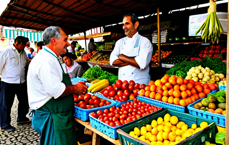 Local Market Scene**
Prompt: A vibrant Portuguese market scene, overflowing with fresh, locally sourced produce. Farmers are interacting with chefs, discussing ingredients. Focus on colorful fruits and vegetables, traditional baskets, and a friendly atmosphere. "Safe for work", "appropriate content", "fully clothed", "family-friendly", "perfect anatomy", "correct proportions", "natural pose", "professional photography", "high quality", "sustainable agriculture", "local produce".
**