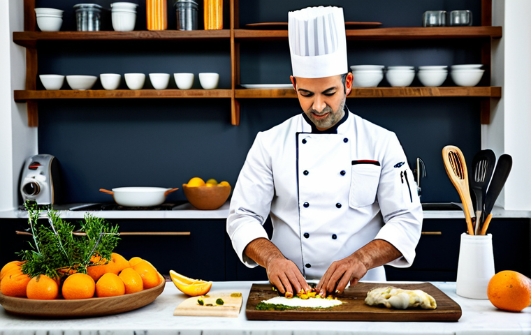 **
"A brightly lit, modern Portuguese kitchen featuring a chef experimenting with fusion cuisine. The chef, fully clothed in a professional chef's uniform, is carefully combining local Portuguese ingredients (like cod, olives, and oranges) with spices and techniques from around the world. A well-worn cookbook lies open on the counter. Background includes fresh produce and culinary tools. safe for work, appropriate content, fully clothed, professional, family-friendly, perfect anatomy, natural proportions, high quality"
**
