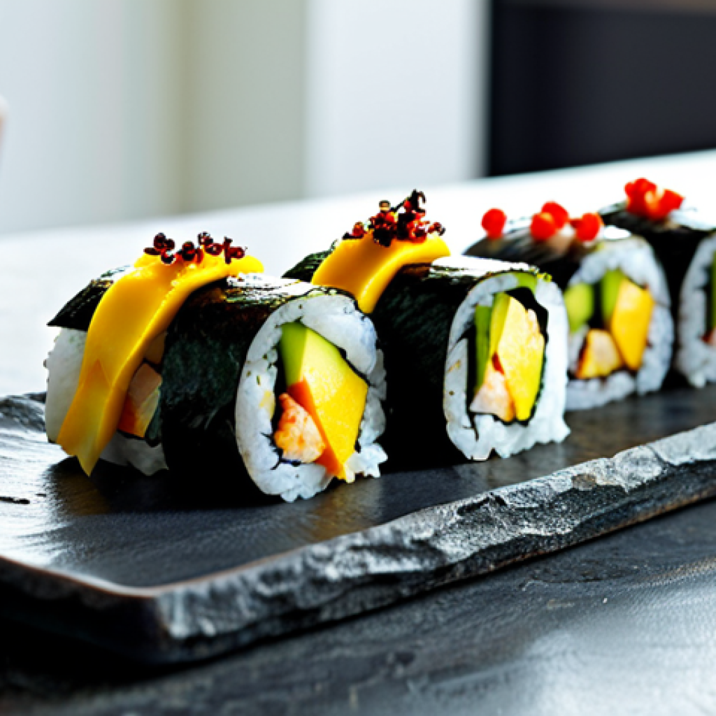 Tropical Sushi**
"A beautifully presented plate of tropical sushi, featuring mango, avocado, and cucumber rolls, drizzled with a passion fruit sauce, arranged on a slate platter. Background: A bright, airy kitchen with natural light. safe for work, appropriate content, fully clothed, professional food photography, perfect anatomy (of the food), natural proportions, high quality, family-friendly."
**