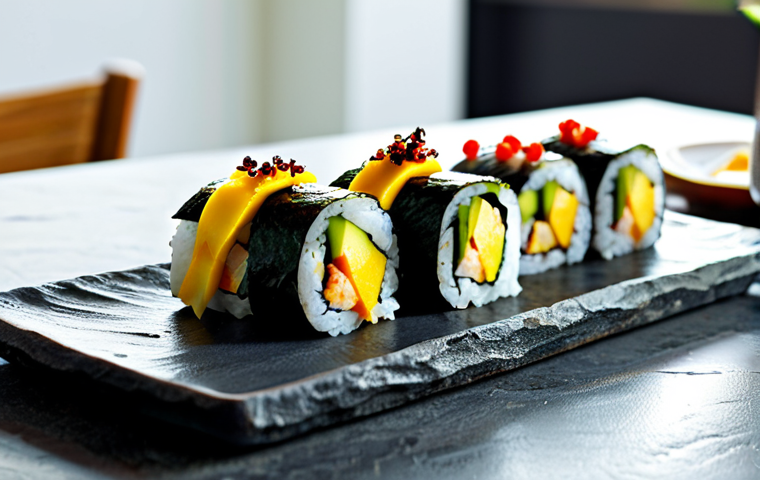Tropical Sushi**
"A beautifully presented plate of tropical sushi, featuring mango, avocado, and cucumber rolls, drizzled with a passion fruit sauce, arranged on a slate platter. Background: A bright, airy kitchen with natural light. safe for work, appropriate content, fully clothed, professional food photography, perfect anatomy (of the food), natural proportions, high quality, family-friendly."
**
