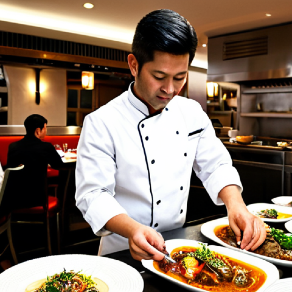 Fusion Restaurant Scene**
"A bustling restaurant showcasing fusion cuisine. Diners are enjoying beautifully plated dishes that blend Portuguese ingredients with Asian techniques. The restaurant has a modern, stylish interior with warm lighting. Chefs are visible in the background, preparing dishes with care. Tables are set with elegant tableware. fully clothed patrons, professional setting, appropriate content, safe for work, perfect anatomy, natural proportions, professional photography, high quality"
**