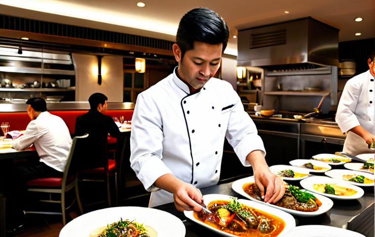 Fusion Restaurant Scene**
"A bustling restaurant showcasing fusion cuisine. Diners are enjoying beautifully plated dishes that blend Portuguese ingredients with Asian techniques. The restaurant has a modern, stylish interior with warm lighting. Chefs are visible in the background, preparing dishes with care. Tables are set with elegant tableware. fully clothed patrons, professional setting, appropriate content, safe for work, perfect anatomy, natural proportions, professional photography, high quality"
**