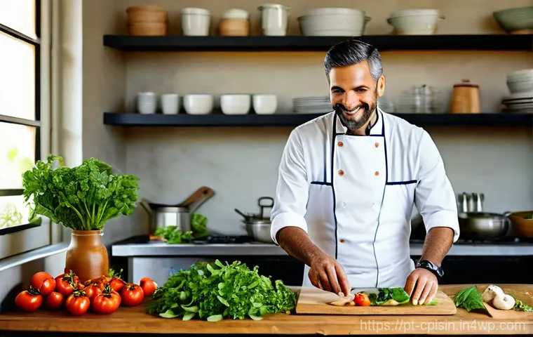 퓨전 요리의 영양 균형 맞추기 - **Prompt:** A vibrant, sunlit kitchen scene in a Portuguese home. A chef, wearing a clean apron and ...