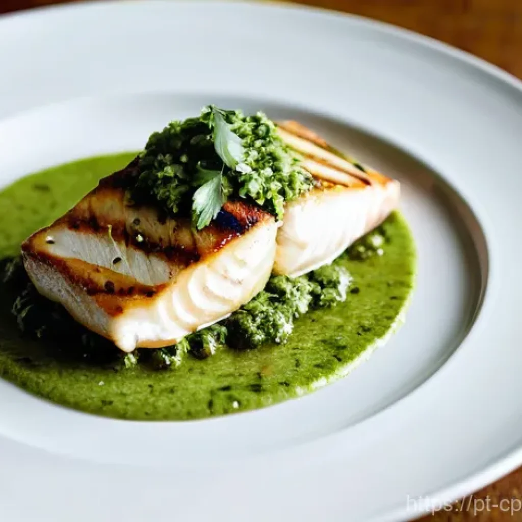 퓨전 요리에서 활용 가능한 소스 및 드레싱 - **A Vibrant Fusion Dish: Grilled White Fish with Tropical Cilantro-Lime Pesto**
A high-resolutio...