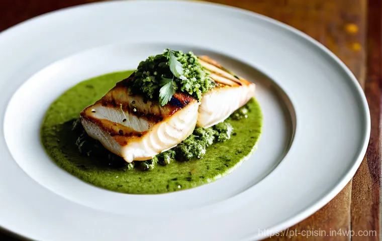 퓨전 요리에서 활용 가능한 소스 및 드레싱 - **A Vibrant Fusion Dish: Grilled White Fish with Tropical Cilantro-Lime Pesto**
A high-resolutio...