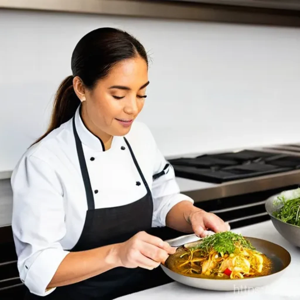 퓨전 요리의 글로벌 네트워크 구축하기 - **"A masterful Portuguese chef, a woman in her late 30s with her hair neatly tied back, wearing a cl...