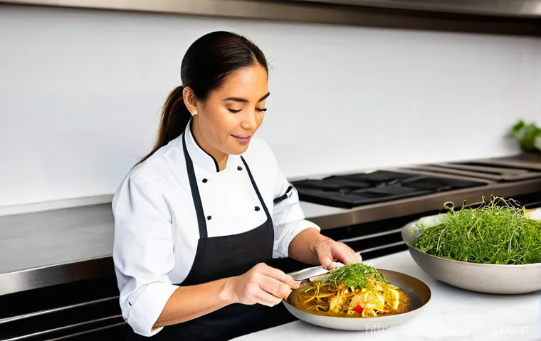 퓨전 요리의 글로벌 네트워크 구축하기 - **"A masterful Portuguese chef, a woman in her late 30s with her hair neatly tied back, wearing a cl...