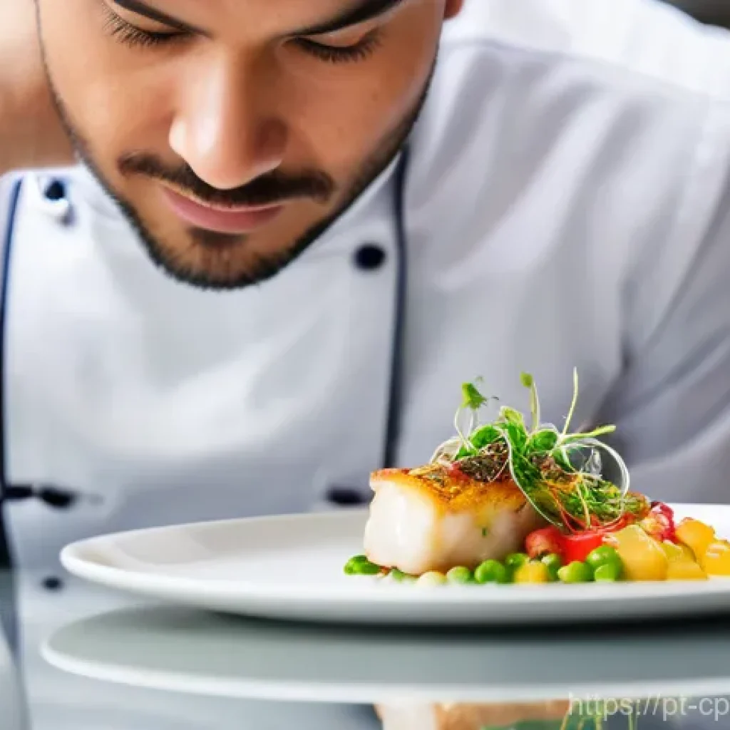 퓨전 요리와 식문화의 상관관계 - A highly skilled Portuguese chef, wearing a crisp white chef's jacket and apron, meticulously platin...
