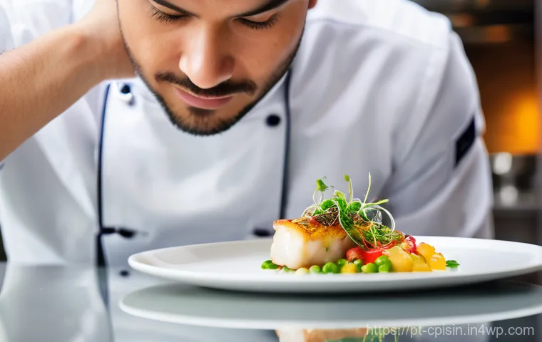 퓨전 요리와 식문화의 상관관계 - A highly skilled Portuguese chef, wearing a crisp white chef's jacket and apron, meticulously platin...