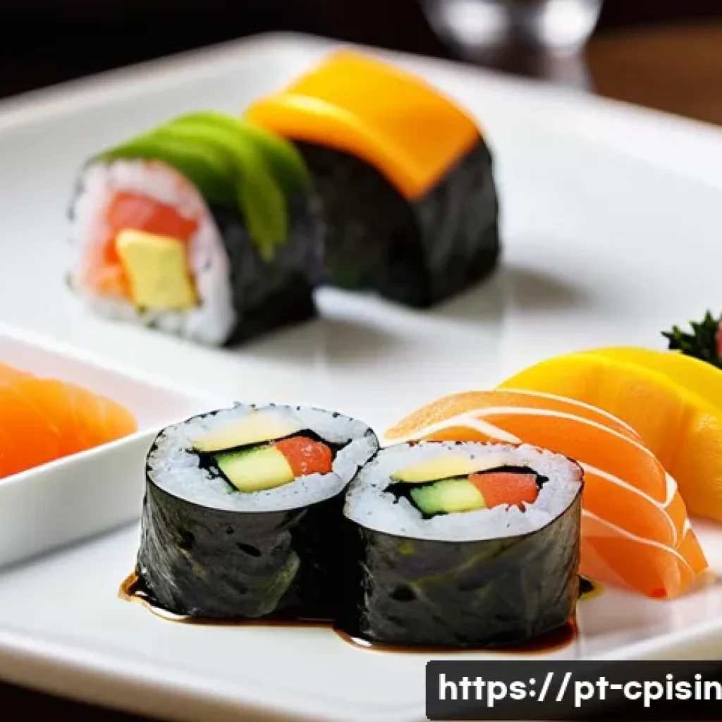 퓨전 요리의 글로벌화와 그 영향 - **Prompt 1: Tropical Sushi Fusion Platter**
"A close-up, high-angle shot of a vibrant fusion sus...