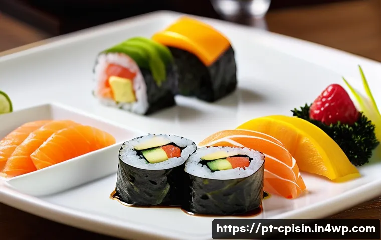 퓨전 요리의 글로벌화와 그 영향 - **Prompt 1: Tropical Sushi Fusion Platter**
"A close-up, high-angle shot of a vibrant fusion sus...