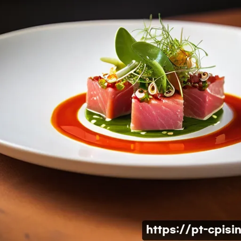 퓨전 요리의 스토리텔링 기법 - **Prompt:** A close-up, high-definition culinary photograph of a beautifully plated **Portuguese-ins...