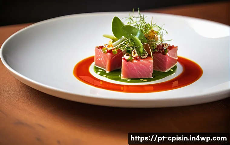 퓨전 요리의 스토리텔링 기법 - **Prompt:** A close-up, high-definition culinary photograph of a beautifully plated **Portuguese-ins...