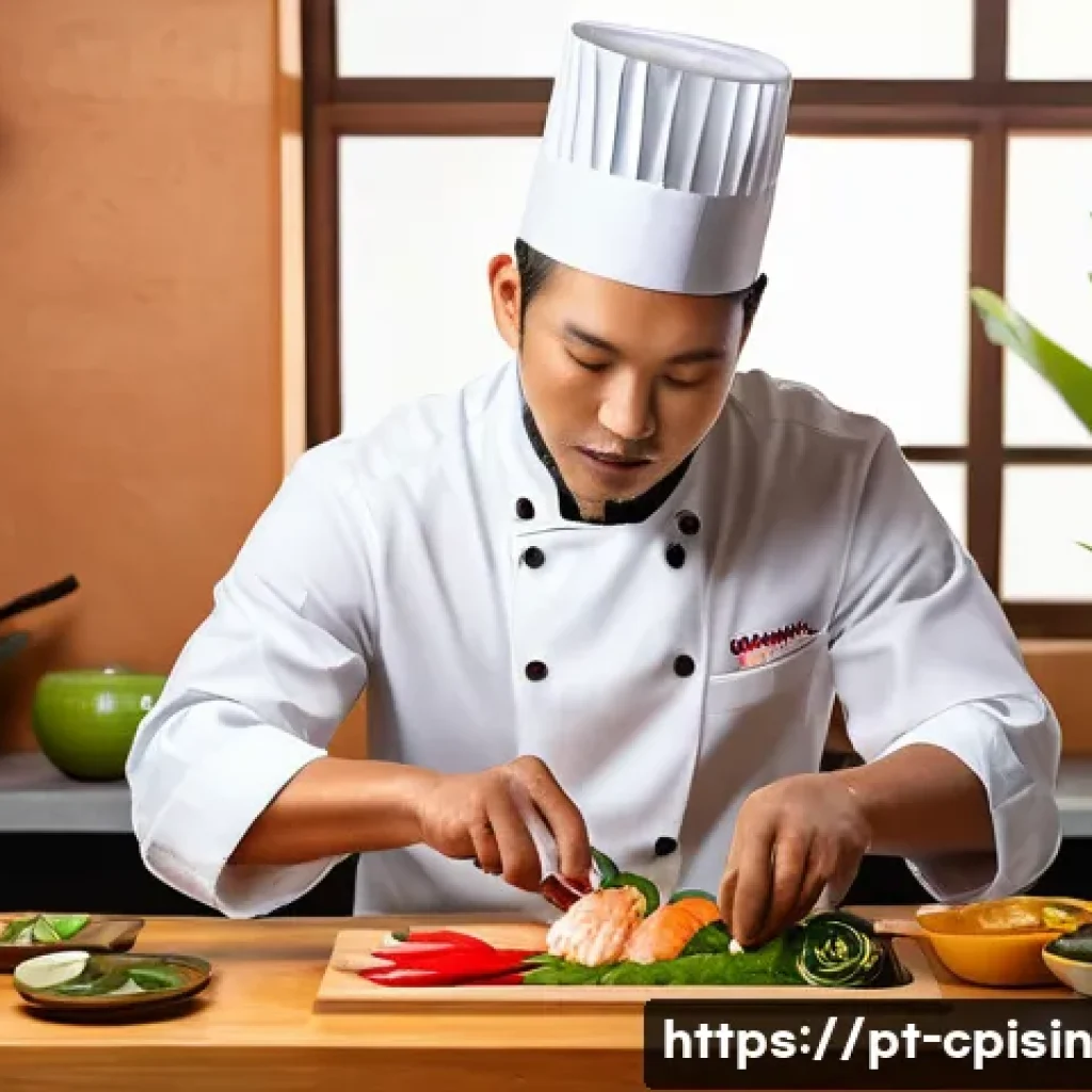 퓨전 요리 요리사 인터뷰 시리즈 - A vibrant fusion kitchen scene featuring a Brazilian chef preparing a dish inspired by northeastern ...