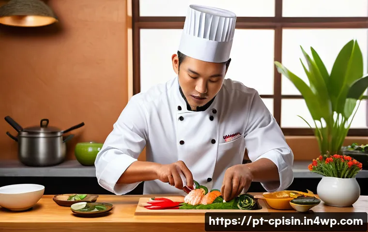 퓨전 요리 요리사 인터뷰 시리즈 - A vibrant fusion kitchen scene featuring a Brazilian chef preparing a dish inspired by northeastern ...