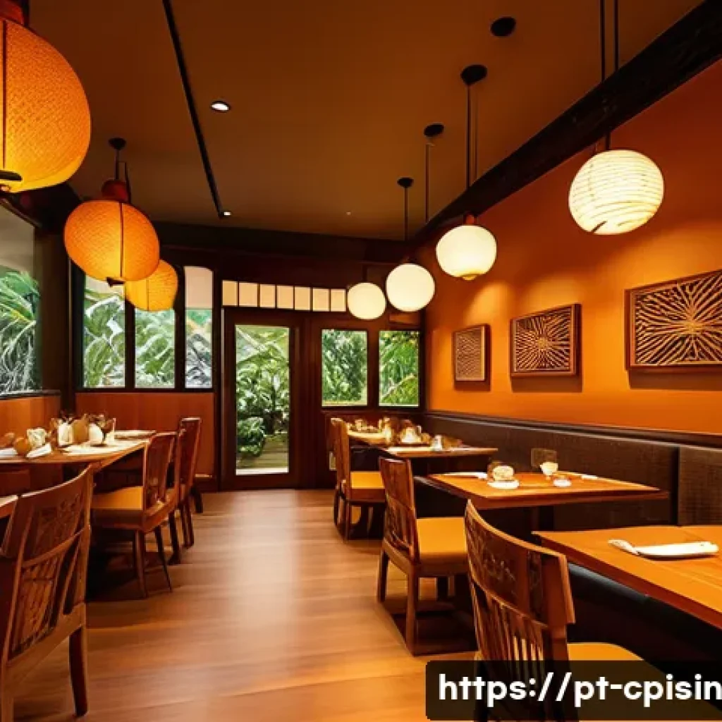 퓨전 요리의 고객 경험 디자인 - A warmly lit fusion restaurant interior blending Brazilian and Japanese cultural elements, featuring...