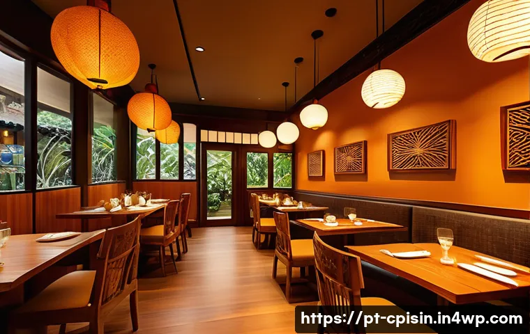 퓨전 요리의 고객 경험 디자인 - A warmly lit fusion restaurant interior blending Brazilian and Japanese cultural elements, featuring...