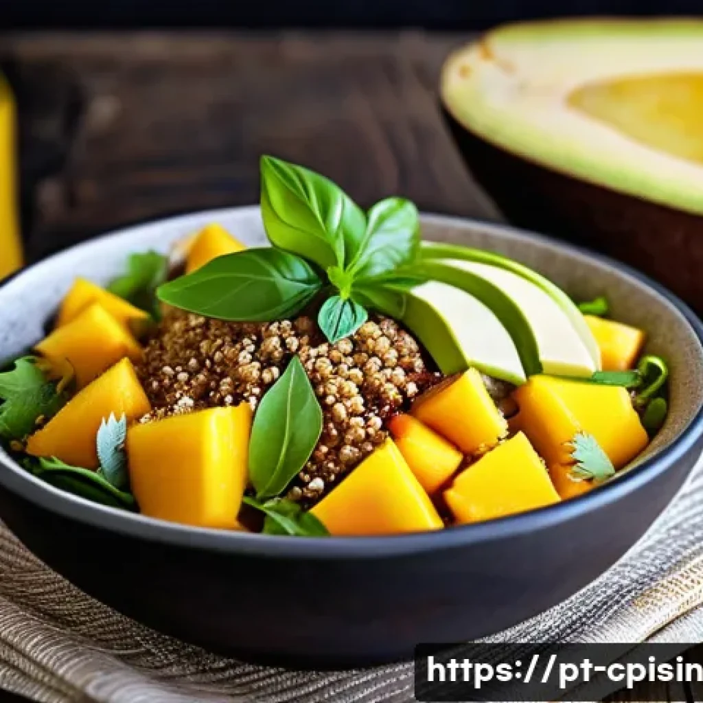퓨전 요리에서의 건강식 식단 구성 - A vibrant fusion salad featuring a colorful mix of fresh local tropical fruits like mango and avocad...