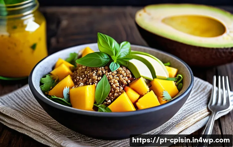퓨전 요리에서의 건강식 식단 구성 - A vibrant fusion salad featuring a colorful mix of fresh local tropical fruits like mango and avocad...