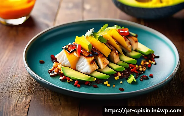 퓨전 요리의 실험적 접근과 그 결과 - A vibrant, high-resolution image of a fusion dish showcasing Asian-Latin flavors: a beautifully plat...