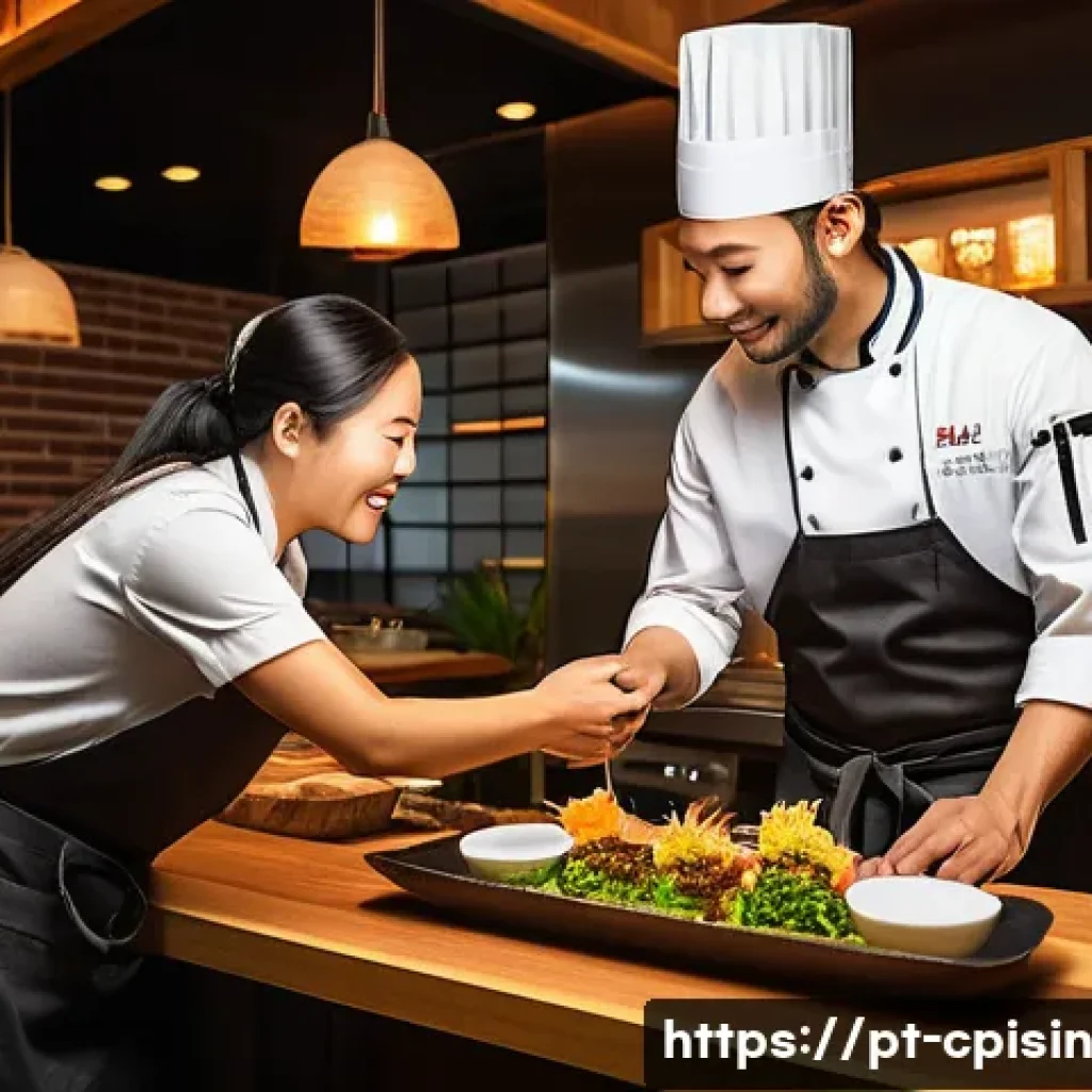 퓨전 요리에서의 고객 니즈 파악하기 - A vibrant fusion kitchen scene featuring a Brazilian-Japanese chef carefully plating a colorful dish...