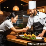 Home 21 퓨전 요리에서의 고객 니즈 파악하기 - A vibrant fusion kitchen scene featuring a Brazilian-Japanese chef carefully plating a colorful dish...