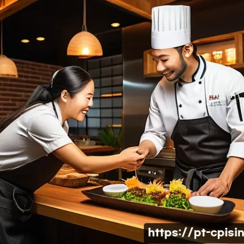 Home 33 퓨전 요리에서의 고객 니즈 파악하기 - A vibrant fusion kitchen scene featuring a Brazilian-Japanese chef carefully plating a colorful dish...