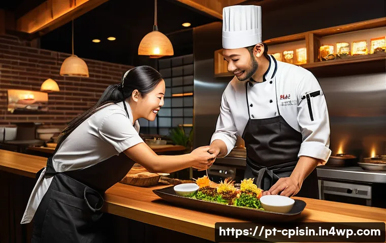 퓨전 요리에서의 고객 니즈 파악하기 - A vibrant fusion kitchen scene featuring a Brazilian-Japanese chef carefully plating a colorful dish...