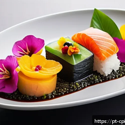 Home 32 퓨전 요리의 혁신 주도하기 - A vibrant fusion cuisine dish artfully plated on a sleek white ceramic plate, combining traditional ...