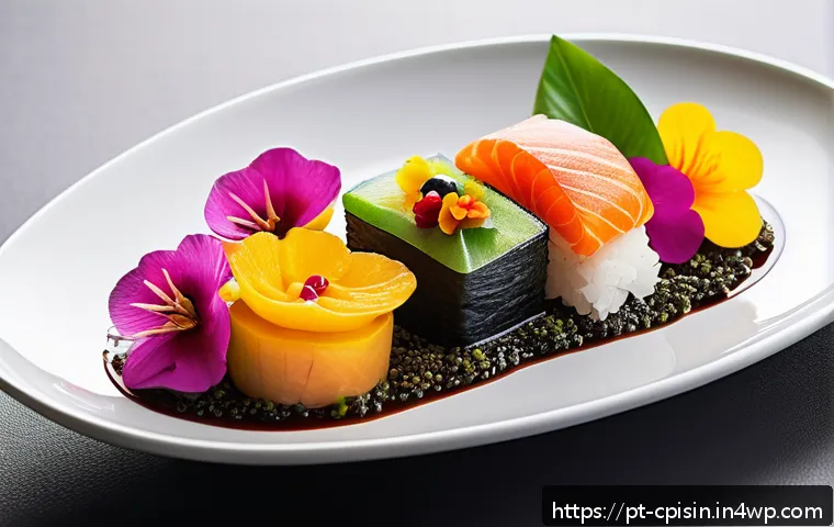 퓨전 요리의 혁신 주도하기 - A vibrant fusion cuisine dish artfully plated on a sleek white ceramic plate, combining traditional ...
