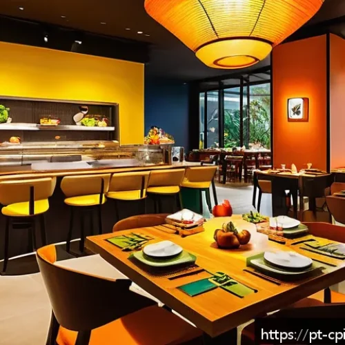 Home 31 퓨전 요리의 프랜차이즈 모델 탐구 - A vibrant fusion cuisine restaurant interior in Brazil, blending Japanese and Brazilian cultural ele...