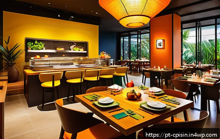 퓨전 요리의 프랜차이즈 모델 탐구 - A vibrant fusion cuisine restaurant interior in Brazil, blending Japanese and Brazilian cultural ele...