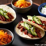 Home 23 퓨전 요리의 레시피 공유 플랫폼 활용 - A vibrant fusion food scene featuring a close-up of Korean-style tacos with Brazilian barbecue meat,...