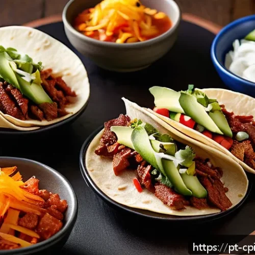 Home 17 퓨전 요리의 레시피 공유 플랫폼 활용 - A vibrant fusion food scene featuring a close-up of Korean-style tacos with Brazilian barbecue meat,...