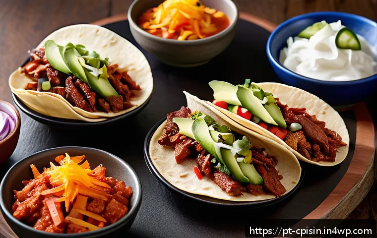 퓨전 요리의 레시피 공유 플랫폼 활용 - A vibrant fusion food scene featuring a close-up of Korean-style tacos with Brazilian barbecue meat,...