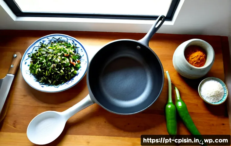 퓨전 요리의 필수 도구 및 주방 용품 - Photorealistic overhead view of essential fusion cooking tools arranged neatly on a warm wooden kitc...