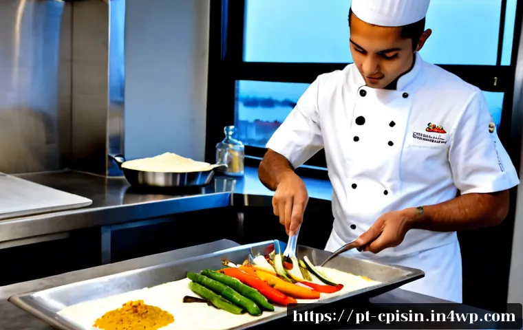 Home 17 퓨전 요리의 도전과제 및 극복 방안 - Photorealistic Portuguese-Brazilian fusion restaurant kitchen, experienced chef and young cook colla...